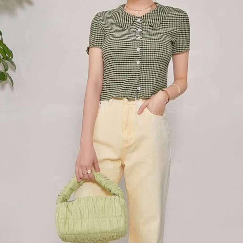 Green Gingham Top with Cream Pants
